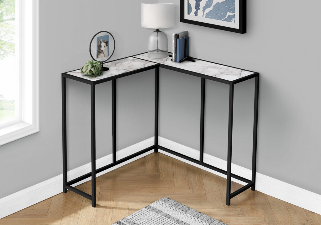Accent Table, Console, Entryway, Narrow, Corner, Living Room, Bedroom, White Marble Look Laminate, Black Metal, Contemporary, Modern
