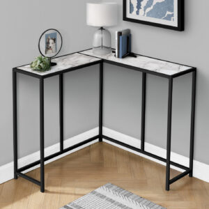 Accent Table, Console, Entryway, Narrow, Corner, Living Room, Bedroom, White Marble Look Laminate, Black Metal, Contemporary, Modern