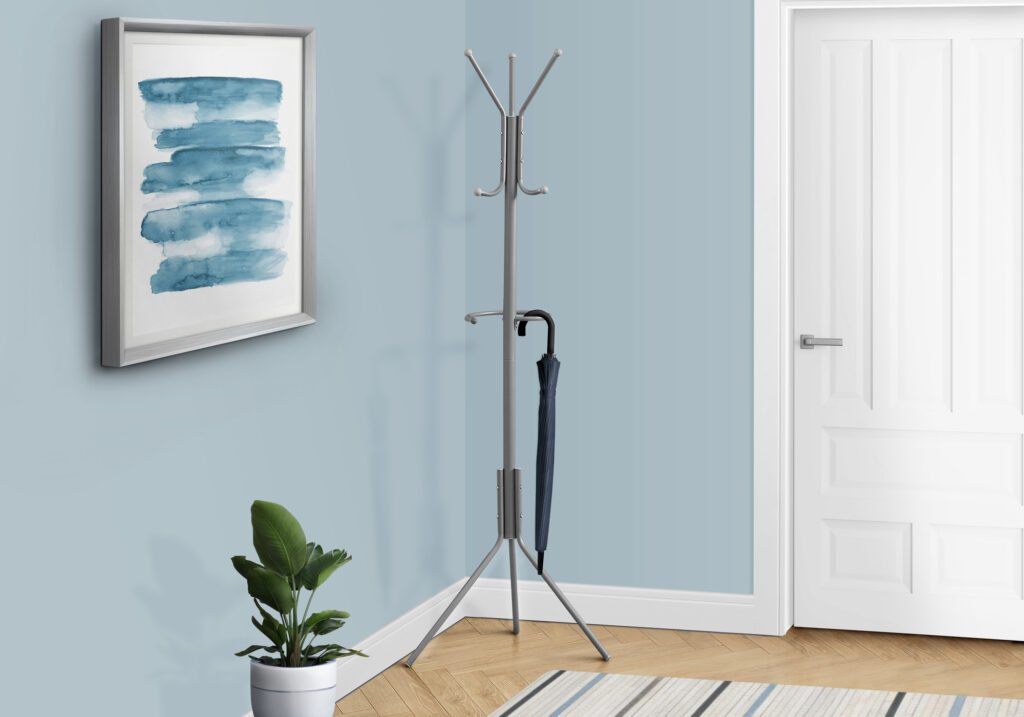 Coat Rack, Hall Tree, 6 Hooks, Entryway, 68″H, Bedroom, Grey Metal, Contemporary, Modern