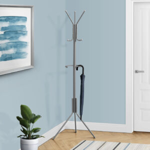 Coat Rack, Hall Tree, 6 Hooks, Entryway, 68"H, Bedroom, Grey Metal, Contemporary, Modern