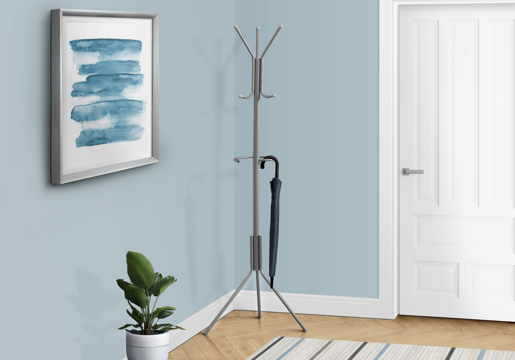 Coat Rack, Hall Tree, 6 Hooks, Entryway, 68″H, Bedroom, Grey Metal, Contemporary, Modern