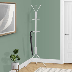 Coat Rack, Hall Tree, 6 Hooks, Entryway, 68"H, Bedroom, White Metal, Contemporary, Modern