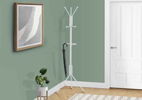 Coat Rack, Hall Tree, 6 Hooks, Entryway, 68″H, Bedroom, White Metal, Contemporary, Modern