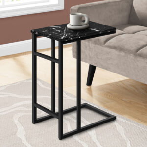 Accent Table, C-shaped, End, Side, Snack, Living Room, Bedroom, Black Marble Look Laminate, Black Metal, Contemporary, Modern