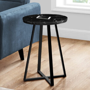 Accent Table, Side, Round, End, Nightstand, Lamp, Living Room, Bedroom, Black Marble Look Laminate, Black Metal, Contemporary, Modern
