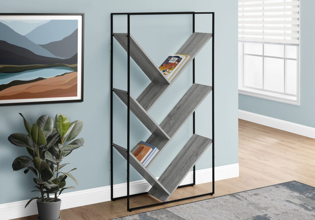 Bookshelf, Bookcase, Etagere, 3 Tier, 60″H, Office, Bedroom, Grey Laminate, Black Metal, Contemporary, Modern