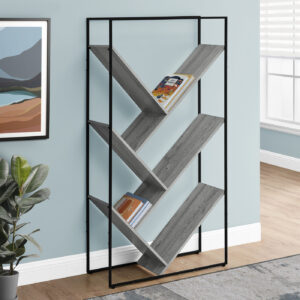 Bookshelf, Bookcase, Etagere, 3 Tier, 60"H, Office, Bedroom, Grey Laminate, Black Metal, Contemporary, Modern