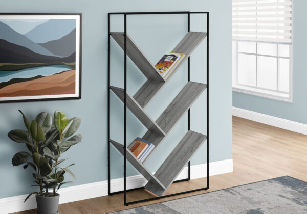 Bookshelf, Bookcase, Etagere, 3 Tier, 60″H, Office, Bedroom, Grey Laminate, Black Metal, Contemporary, Modern