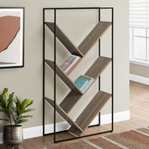Bookshelf, Bookcase, Etagere, 3 Tier, 60"H, Office, Bedroom, Brown Laminate, Black Metal, Contemporary, Modern