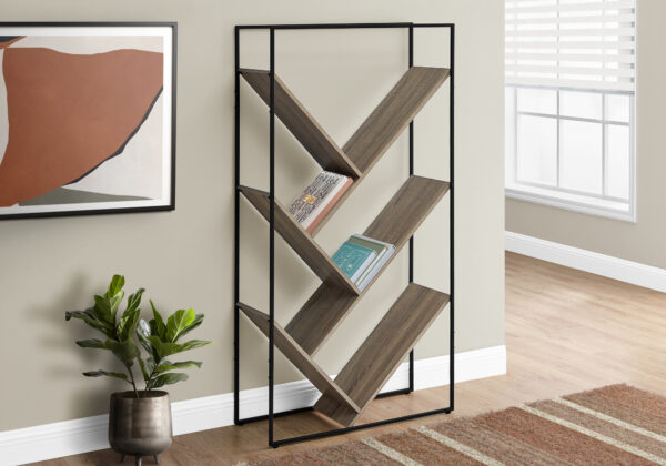 Bookshelf, Bookcase, Etagere, 3 Tier, 60″H, Office, Bedroom, Brown Laminate, Black Metal, Contemporary, Modern