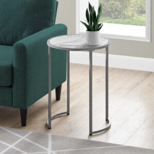 Accent Table, Side, Round, End, Nightstand, Lamp, Living Room, Bedroom, White Marble Look Laminate, Grey Metal, Contemporary, Modern