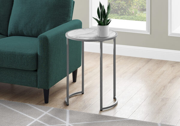 Accent Table, Side, Round, End, Nightstand, Lamp, Living Room, Bedroom, White Marble Look Laminate, Grey Metal, Contemporary, Modern