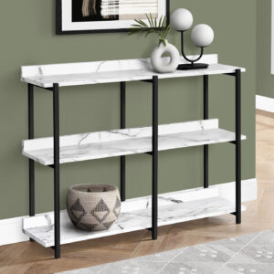 Accent Table, Console, Entryway, Narrow, Sofa, Living Room, Bedroom, White Marble Look Laminate, Black Metal, Contemporary, Modern