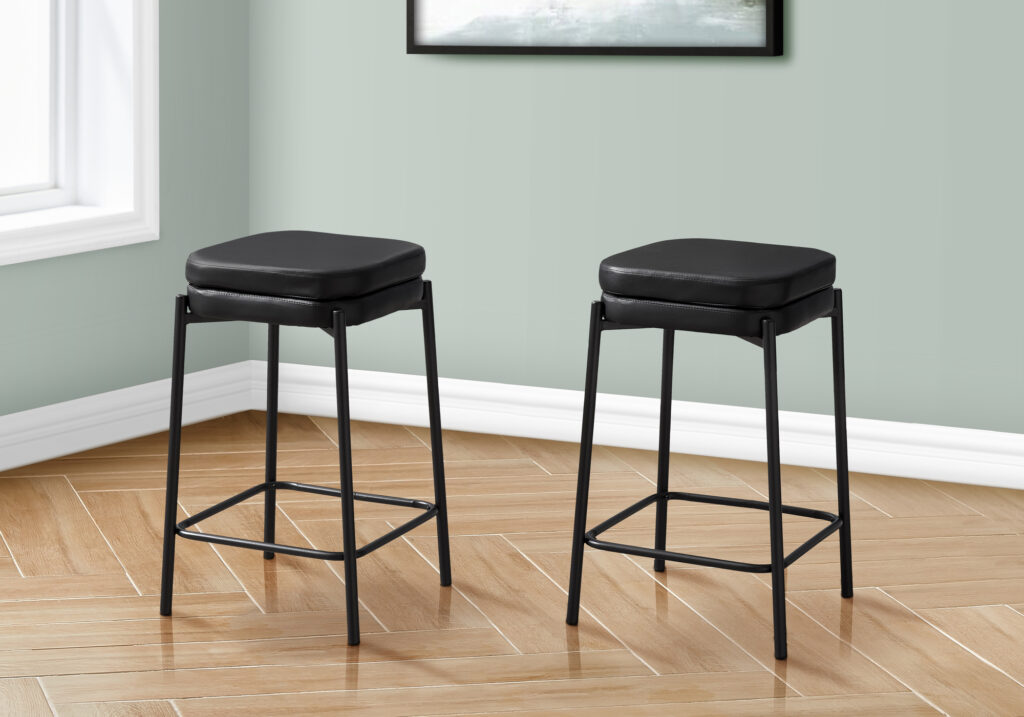 Barstool, Counter Height, Set Of 2, Kitchen, Black Leather Look, Black Metal, Contemporary, Modern