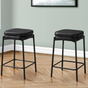Barstool, Counter Height, Set Of 2, Kitchen, Black Leather Look, Black Metal, Contemporary, Modern