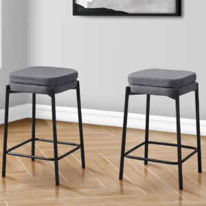 Barstool, Counter Height, Set Of 2, Kitchen, Grey Fabric, Black Metal, Contemporary, Modern