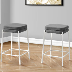 Barstool, Counter Height, Set Of 2, Kitchen, Grey Fabric, White Metal, Contemporary, Modern