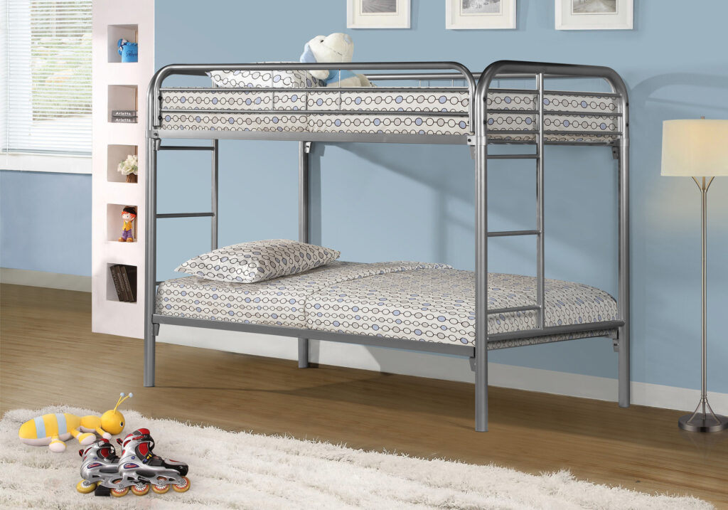 Bunk Bed, Kids Bunk Bed, Youth, Twin Over Twin, Silver Metal, Contemporary, Modern