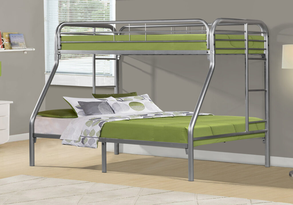 Bunk Bed, Twin Over Full, Kids Bunk Bed, Youth, Silver Metal, Contemporary, Modern