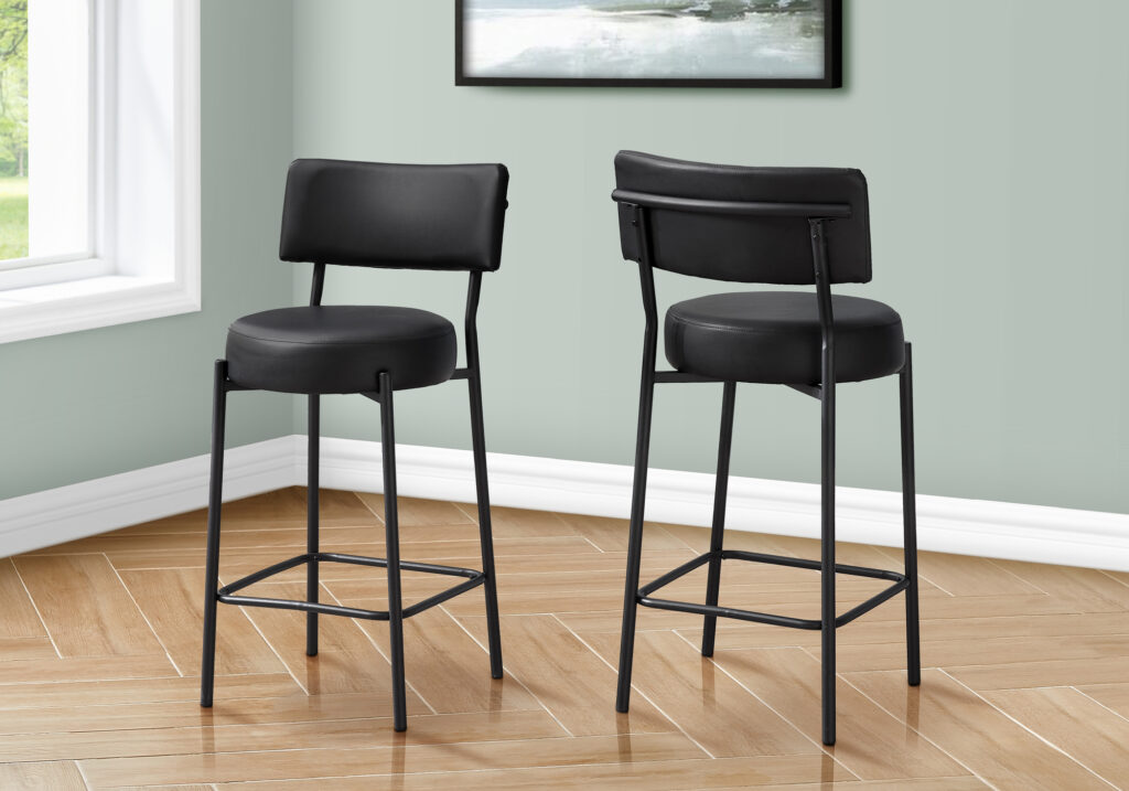 Barstool, Counter Height, Set Of 2, Kitchen, Black Leather Look, Black Metal, Contemporary, Modern