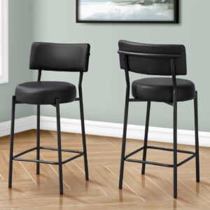 Barstool, Counter Height, Set Of 2, Kitchen, Black Leather Look, Black Metal, Contemporary, Modern
