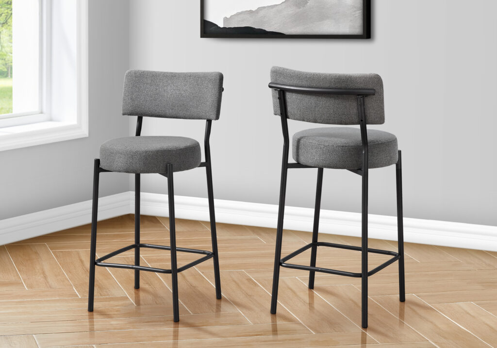 Barstool, Counter Height, Set Of 2, Kitchen, Grey Fabric, Black Metal, Contemporary, Modern