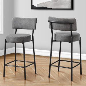 Barstool, Counter Height, Set Of 2, Kitchen, Grey Fabric, Black Metal, Contemporary, Modern