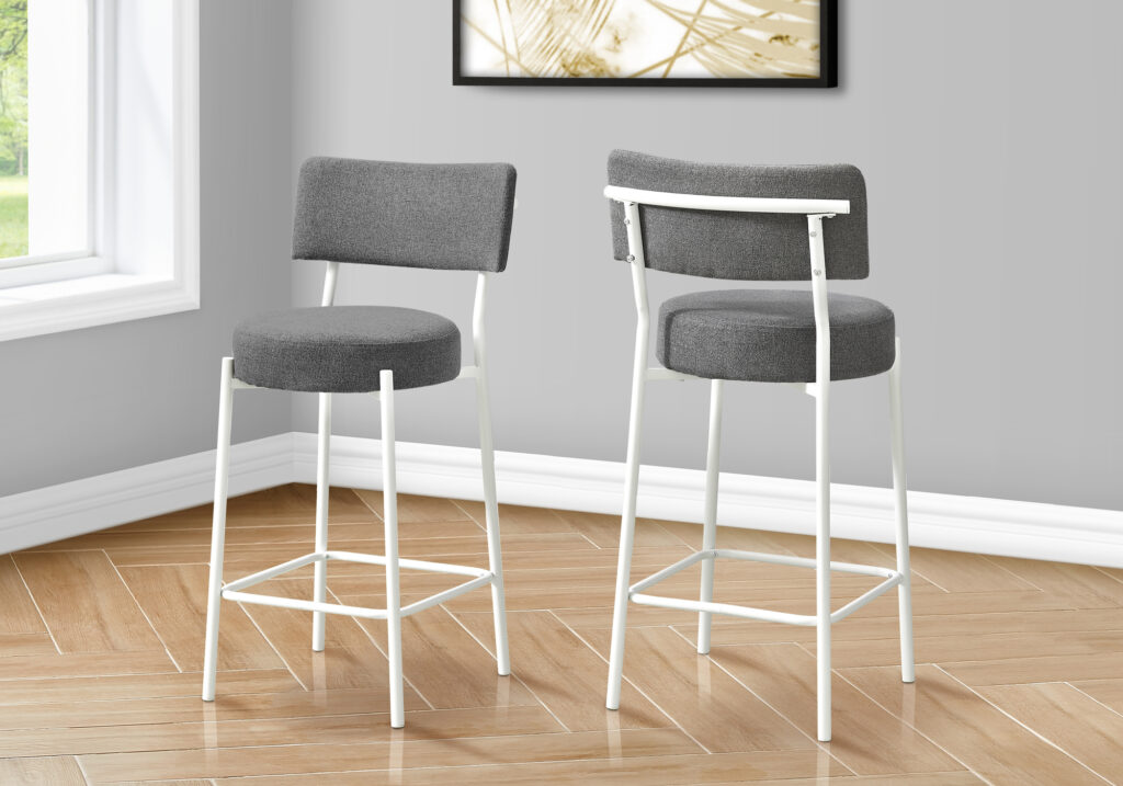 Barstool, Counter Height, Set Of 2, Kitchen, Grey Fabric, White Metal, Contemporary, Modern