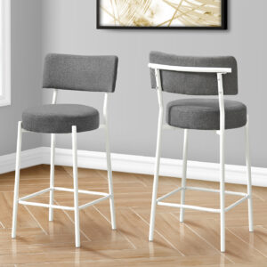 Barstool, Counter Height, Set Of 2, Kitchen, Grey Fabric, White Metal, Contemporary, Modern