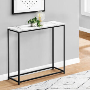 Accent Table, Console, Entryway, Narrow, Sofa, Living Room, Bedroom, White Marble Look Laminate, Black Metal, Contemporary, Modern