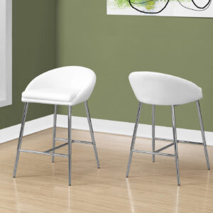 Bar Stool, Set Of 2, Counter Height, Kitchen, Chrome Metal, White Leather Look, Contemporary, Modern