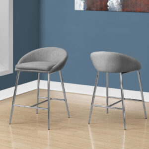 Bar Stool, Set Of 2, Counter Height, Kitchen, Chrome Metal, Grey Fabric, Contemporary, Modern