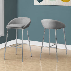 Bar Stool, Set Of 2, Bar Height, Chrome Metal, Grey Fabric, Contemporary, Modern