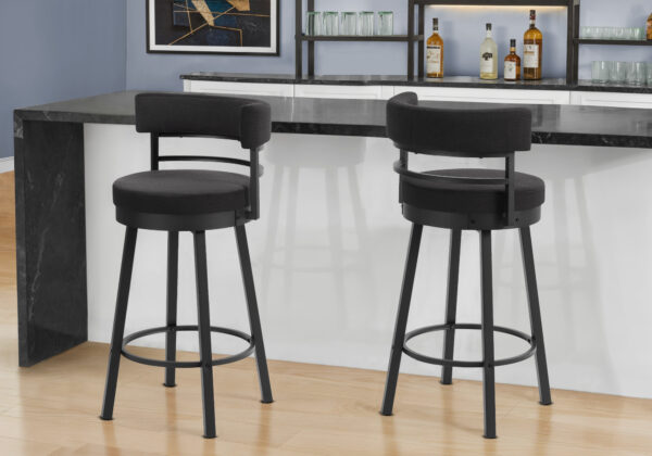 Barstool, 39″ Height, Swivel, Bar Height, Set Of 2, Black Fabric, Black Metal, Contemporary, Modern
