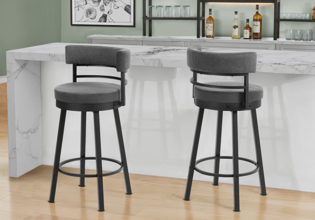 Barstool, 39″ Height, Swivel, Bar Height, Set Of 2, Grey Fabric, Black Metal, Contemporary, Modern