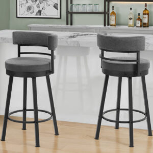Barstool, 39" Height, Swivel, Bar Height, Set Of 2, Grey Fabric, Black Metal, Contemporary, Modern