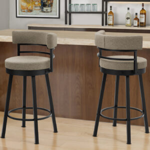 Barstool, 39" Height, Swivel, Bar Height, Set Of 2, Beige Fabric, Black Metal, Contemporary