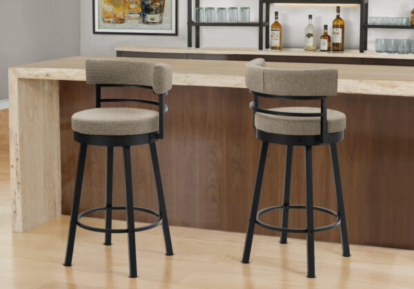 Barstool, 39″ Height, Swivel, Bar Height, Set Of 2, Beige Fabric, Black Metal, Contemporary