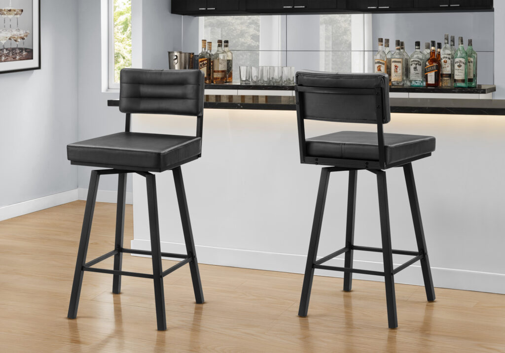 Barstool, 40″ Height, Bar Height, Swivel, Set Of 2, Black Leather Look, Black Metal, Contemporary, Modern