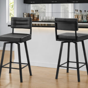 Barstool, 40" Height, Bar Height, Swivel, Set Of 2, Black Leather Look, Black Metal, Contemporary, Modern