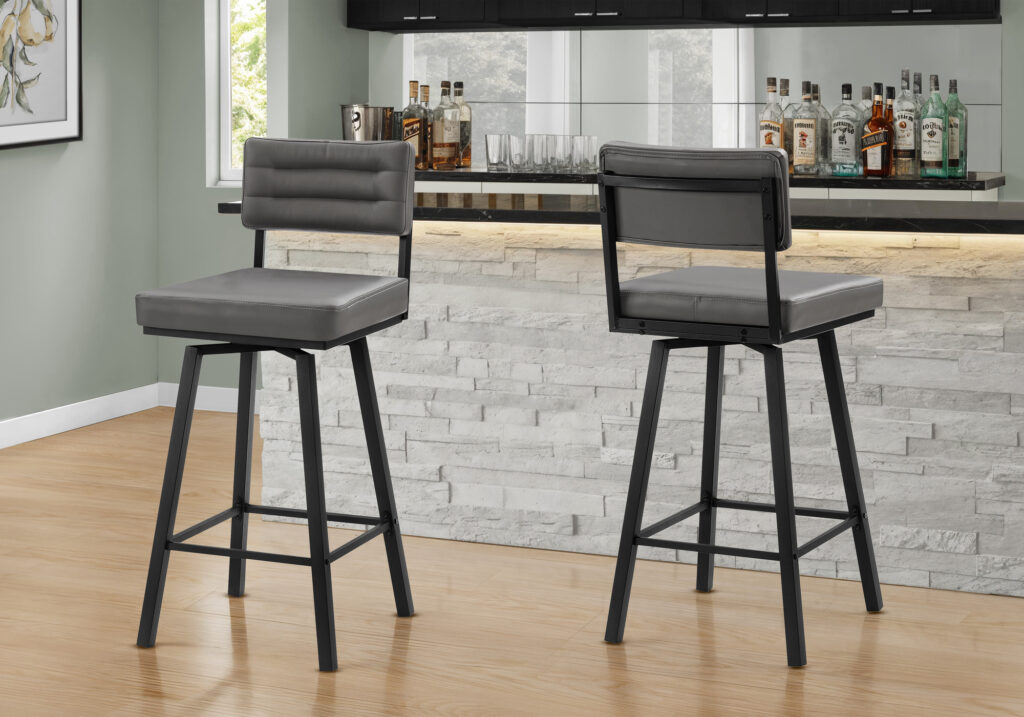 Barstool, 40″ Height, Bar Height, Swivel, Set Of 2, Grey Leather Look, Black Metal, Contemporary, Modern