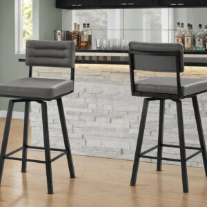 Barstool, 40" Height, Bar Height, Swivel, Set Of 2, Grey Leather Look, Black Metal, Contemporary, Modern