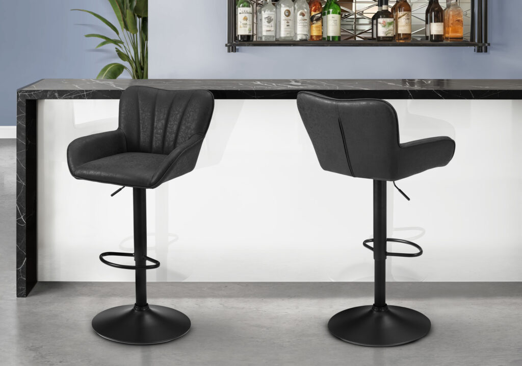 Barstool, Set Of 2, Swivel, Adjustable, Bar Height, Counter Height, Kitchen, Black Leather Look, Black Metal, Contemporary, Modern