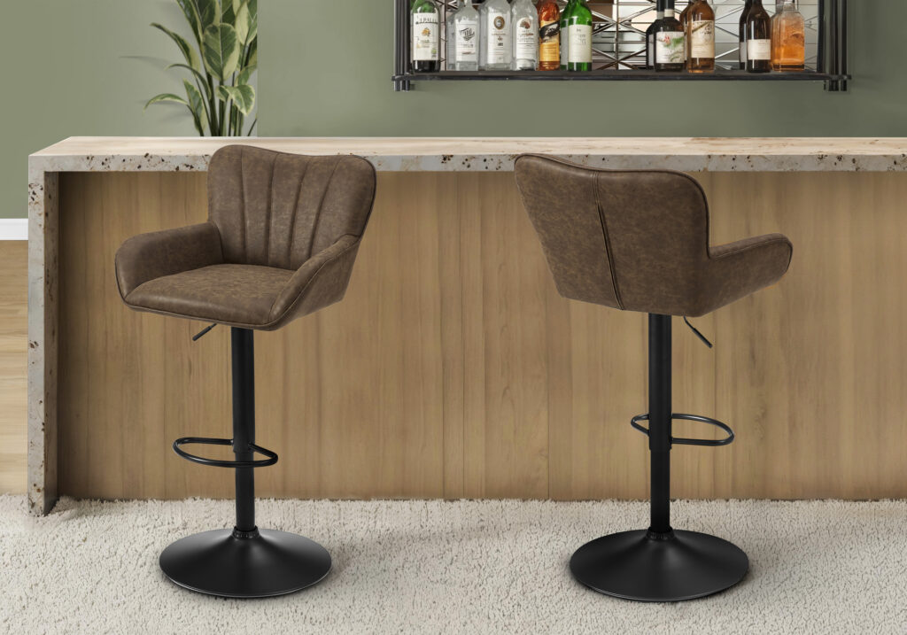 Barstool, Set Of 2, Swivel, Adjustable, Bar Height, Counter Height, Kitchen, Brown Leather Look, Black Metal, Contemporary, Modern