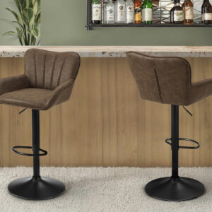 Barstool, Set Of 2, Swivel, Adjustable, Bar Height, Counter Height, Kitchen, Brown Leather Look, Black Metal, Contemporary, Modern