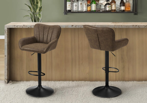 Barstool, Set Of 2, Swivel, Adjustable, Bar Height, Counter Height, Kitchen, Brown Leather Look, Black Metal, Contemporary, Modern