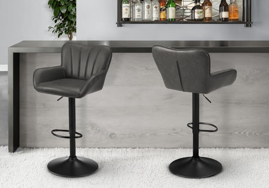Barstool, Set Of 2, Swivel, Adjustable, Bar Height, Counter Height, Kitchen, Grey Leather Look, Black Metal, Contemporary, Modern