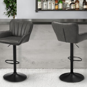 Barstool, Set Of 2, Swivel, Adjustable, Bar Height, Counter Height, Kitchen, Grey Leather Look, Black Metal, Contemporary, Modern