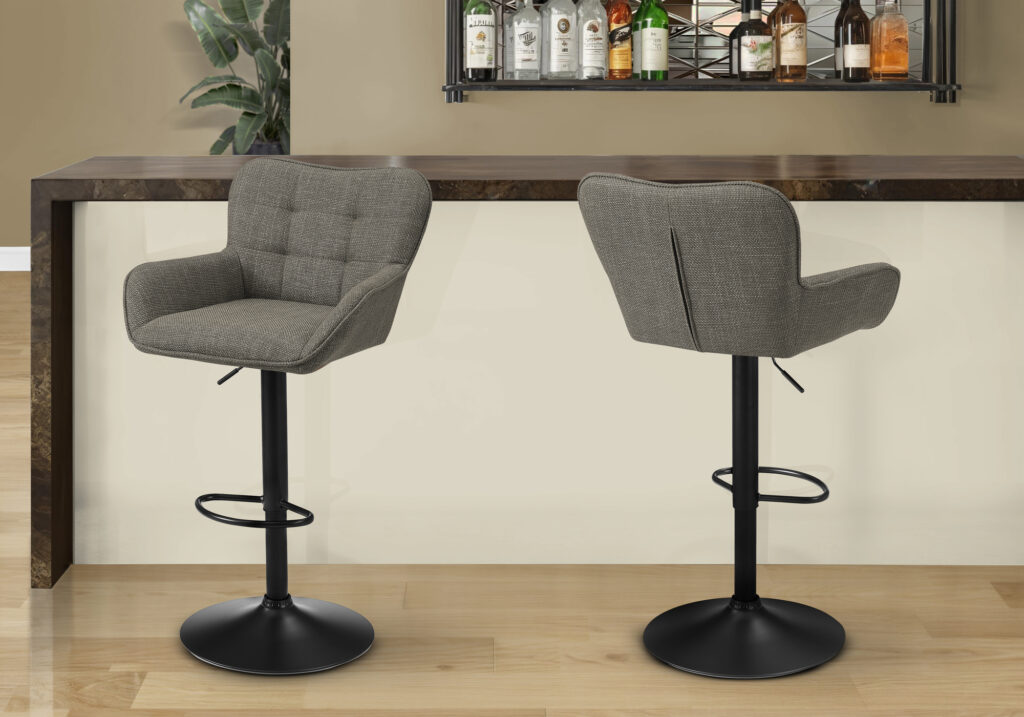 Barstool, Set Of 2, Adjustable, Swivel, Bar Height, Counter Height, Kitchen, Taupe Fabric, Black Metal, Contemporary, Modern