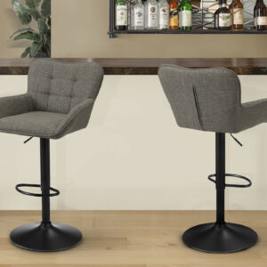 Barstool, Set Of 2, Adjustable, Swivel, Bar Height, Counter Height, Kitchen, Taupe Fabric, Black Metal, Contemporary, Modern